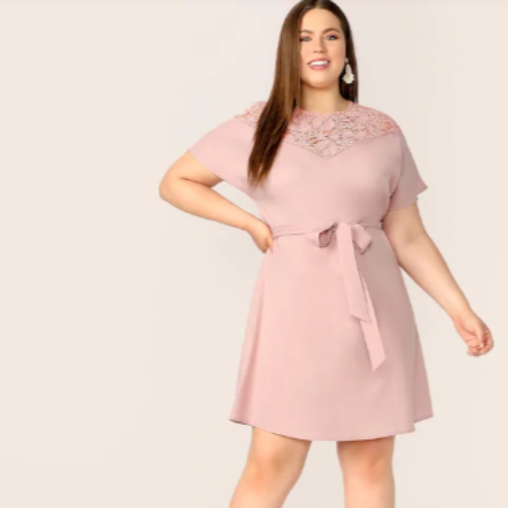 Sexy Plus Guipure Lace Yoke Belted Dress